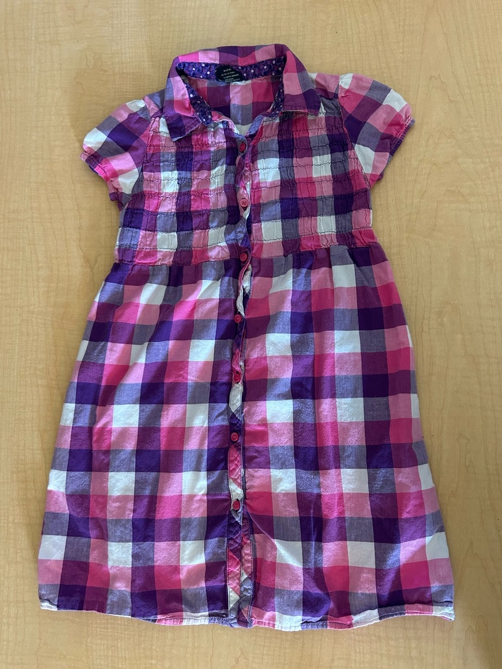 Faded Glory Girls Plaid Button Front Shirt Dress Pink Purple Smocked Size 7/8